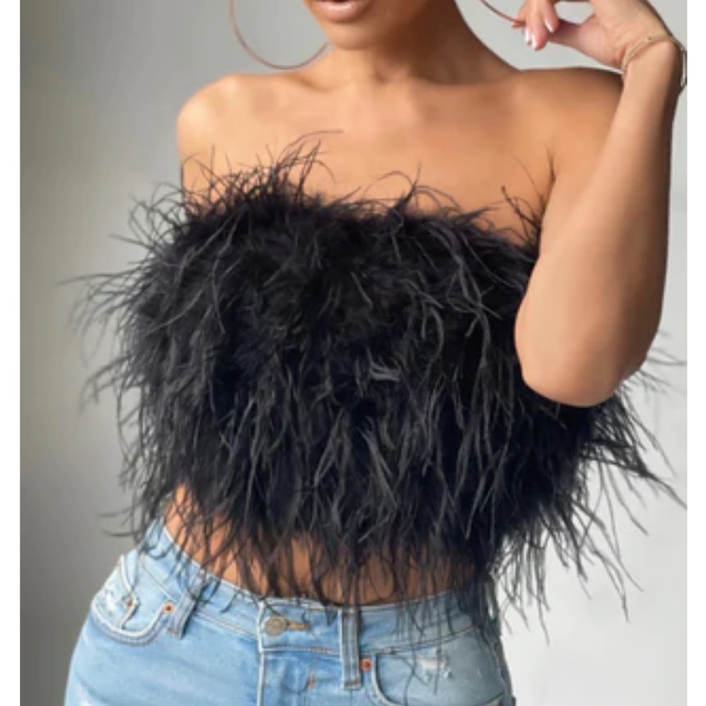 Black feather bandeau crop top